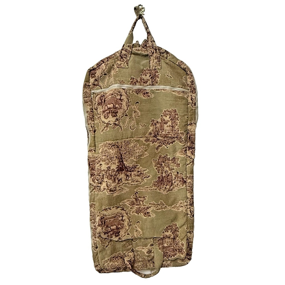 Vintage Tapestry Garment Bag 48"‎ Green Toile Suit Travel Case Hanging